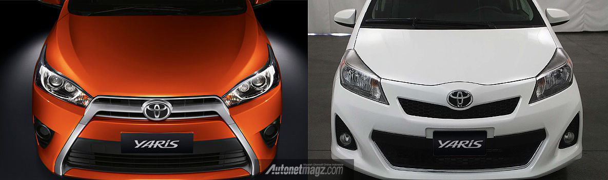 Komparasi, Kiri warna orange Toyota Yaris 2014 versi Asia, kanan warna putih Yaris versi USA: Toyota Yaris Lele Atau Toyota Yaris USA?
