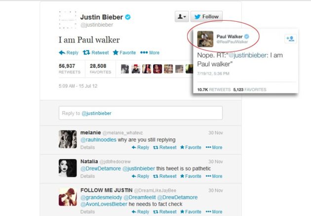 twitter Justin Bieber yang dibalas langsung oleh twitter resmi Paul Walker