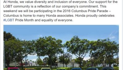 Honda dan Acura Dukung LGBT Dengan Berpartisipasi Di Columbus Pride Parade 2016