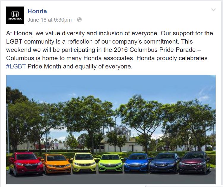 Honda, honda dukung lgbt: Honda dan Acura Dukung LGBT Dengan Berpartisipasi Di Columbus Pride Parade 2016