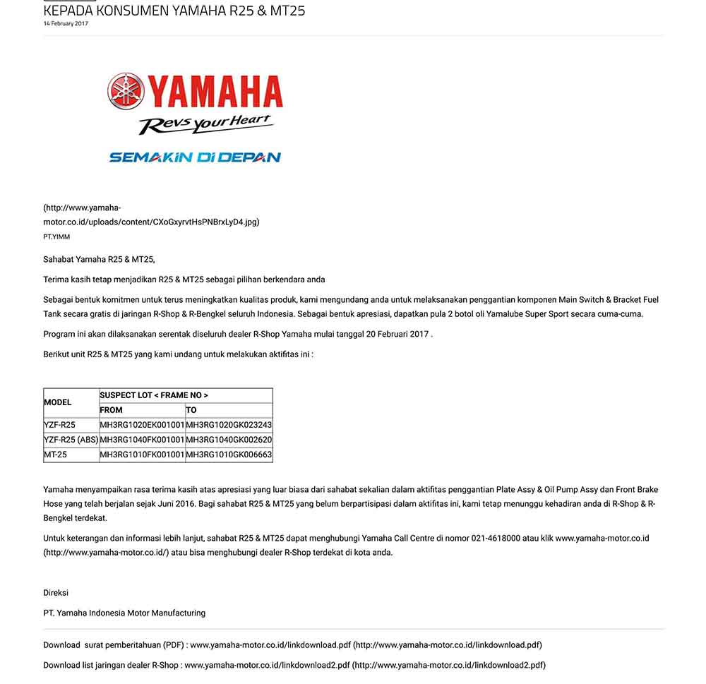 Berita, Yamaha-Motor-Indonesia-recall: Yamaha R25 dan MT25 Kena Recall (Lagi), Kenapa Ya?