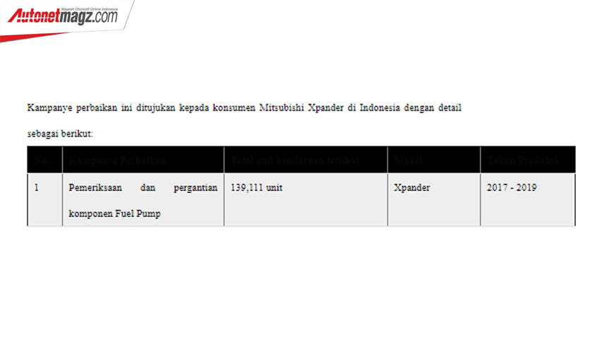 Berita, Recall Mitsubishi Xpander Indonesia: Mitsubishi Recall 139 Ribu Unit Xpander, Fuel Pump Bermasalah